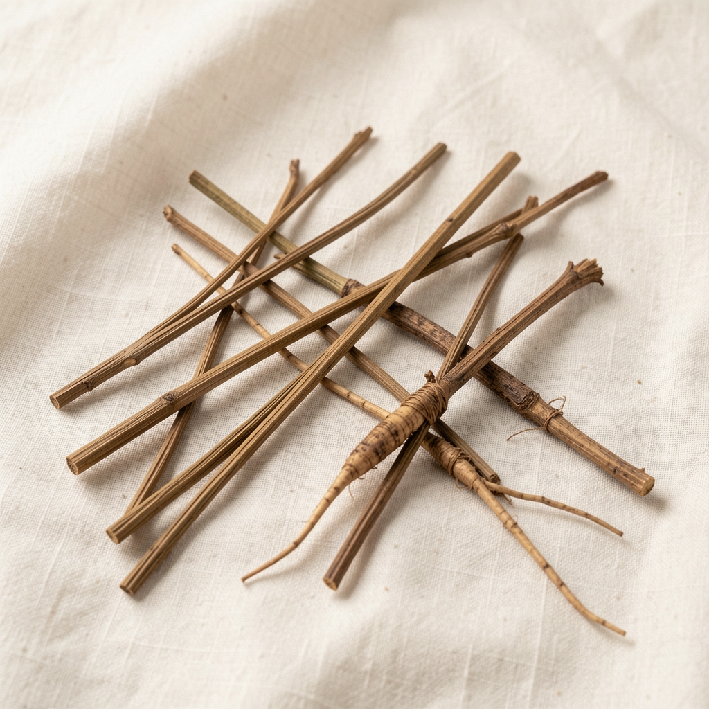 Symmetrische Makroaufnahme von getrockneten botanischen Stängeln und Wurzeln auf warmweißem Leinenstoff, weiches diffuses Licht, keine Menschen, kein Text