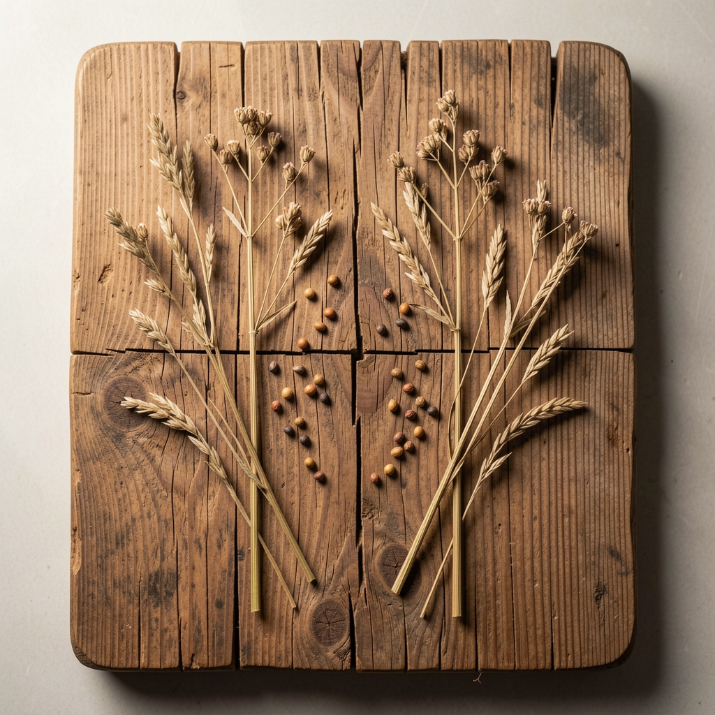 Weitwinklige Draufsicht auf eine antike Holztafel mit Rissen und Maserungen, darauf symmetrisch angeordnete getrocknete Pflanzenstängel und Körner, weiches Seitentageslicht