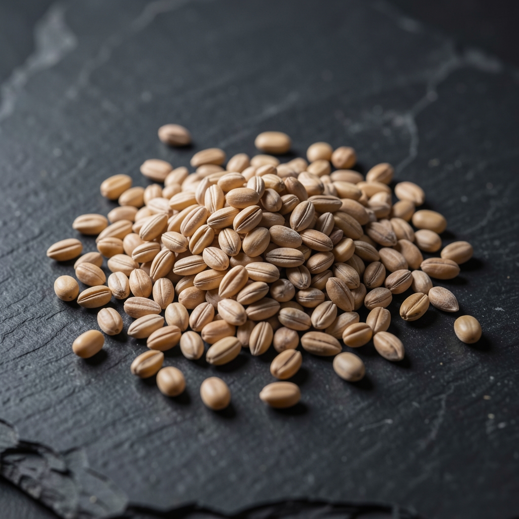 Makroaufnahme von rohen Getreidekörner und Hülsenfrüchten auf einer dunklen strukturierten Steinplatte, tiefe natürliche Schatten, keine Menschen