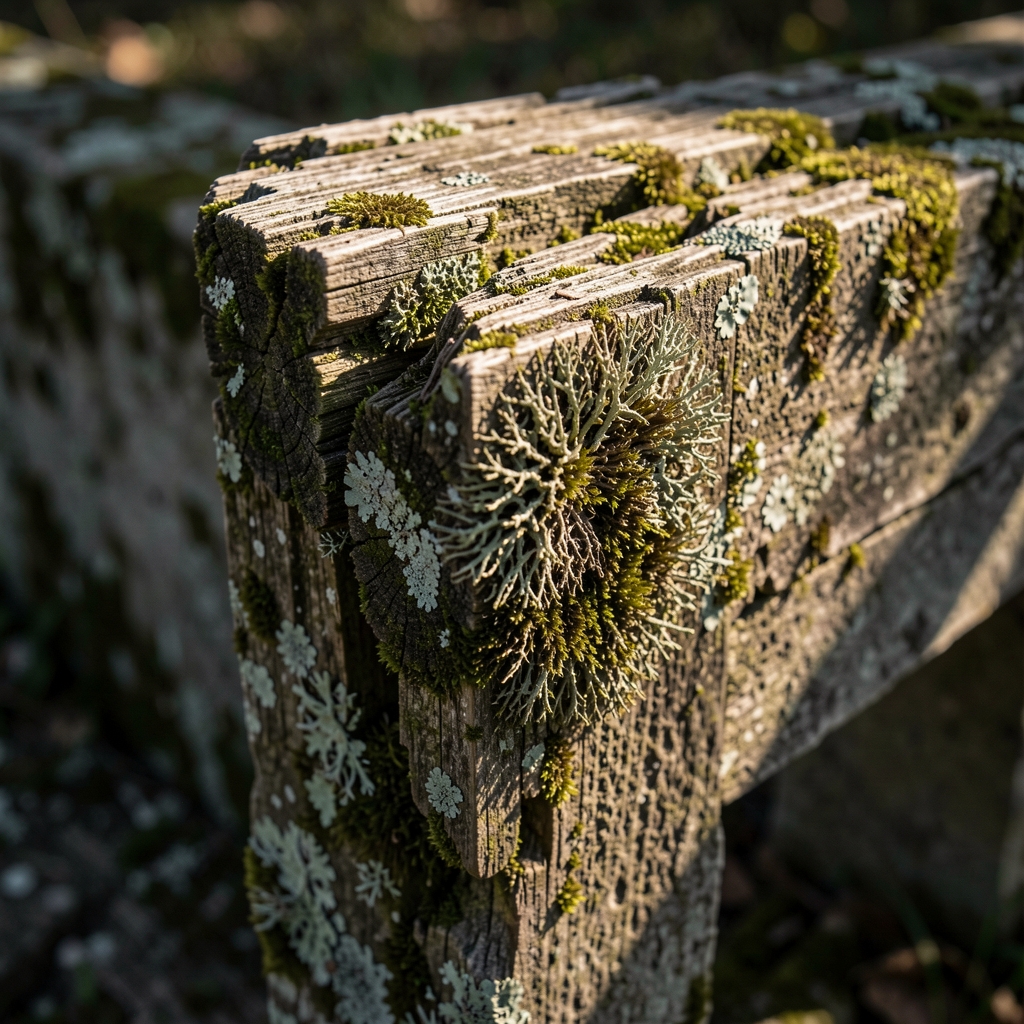 Alte Steinterrasse mit verwitterten Kanten und Flechten, dramatisches Seitenlicht hebt die Oberflächenstruktur hervor, keine Personen