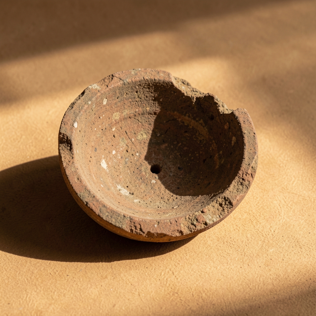 Nahaufnahme einer alten Tonscherbe mit rauer Oberfläche auf sandfarbenem Untergrund, direktionales Streiflicht, symmetrische Komposition