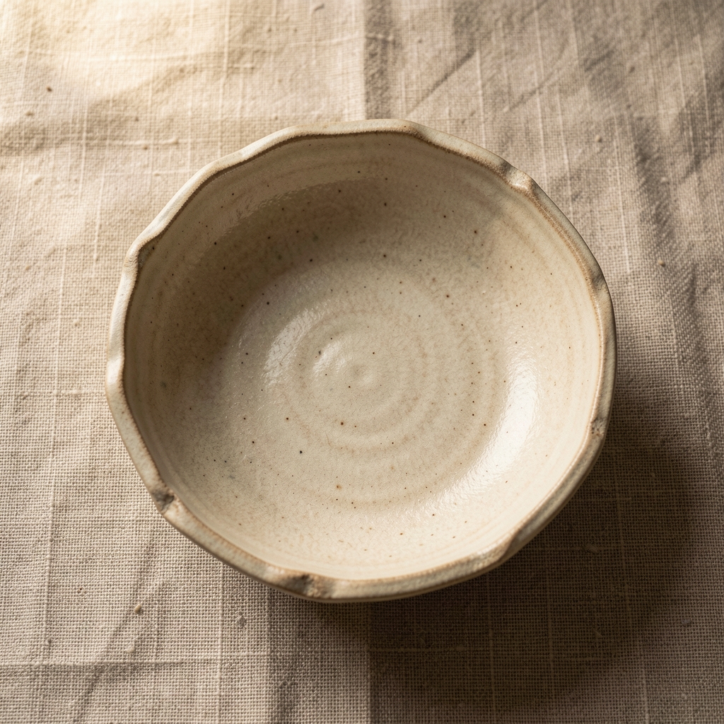 Draufsicht auf eine leere handgefertigte Keramikschale mit unregelmäßigem Rand auf Naturleinen, weiches Tageslicht von links