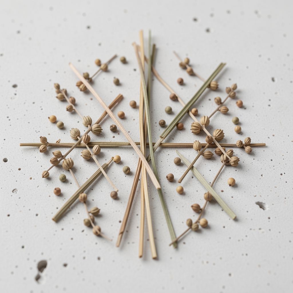 Makroaufnahme von getrockneten Kräuterstängeln und Samenkörnern auf einer hellen Betonoberfläche, präzise symmetrische Anordnung, neutrales Licht