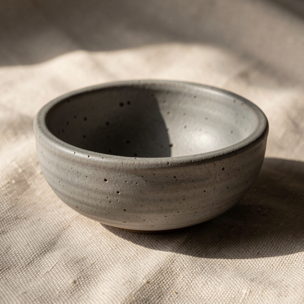 Makrodetailaufnahme einer mattgrauen handgetöpferten Keramikschale auf beige-cremefarbenem Leinen, dramatische Seitenbeleuchtung betont die poröse Oberflächenstruktur