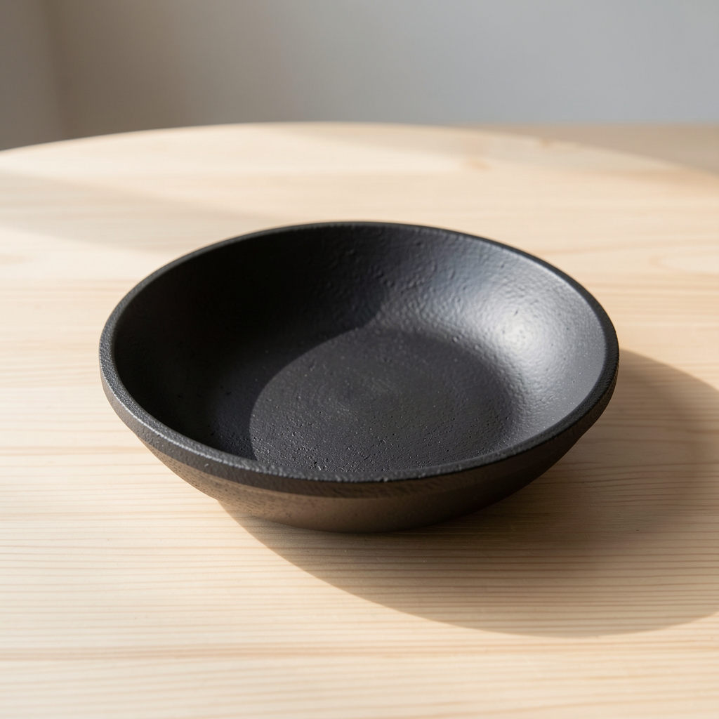 Nahaufnahme einer mattschwarzen Tonschale mit rauer Textur auf einer hellen Holzoberfläche, weiches seitliches Tageslicht, keine Menschen, keine Beschriftungen