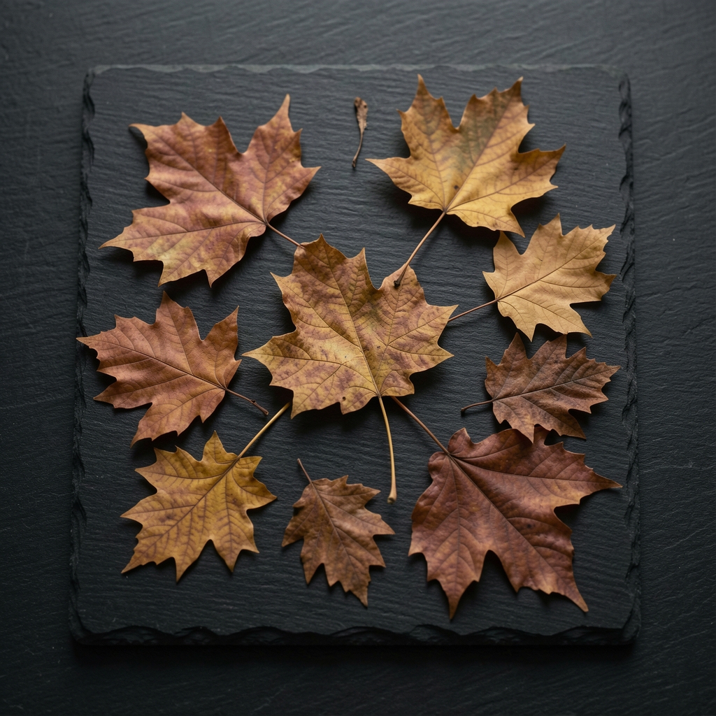 Symmetrische Draufsicht auf getrocknete Herbstblätter in Erdtönen auf einer mattschwarzen Steinplatte, mathematisch präzise angeordnet, weiches natürliches Licht von oben