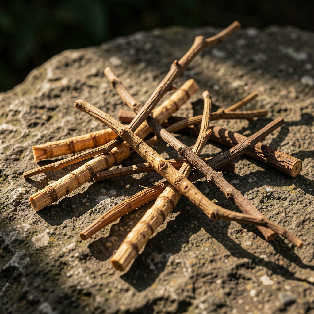 Nahaufnahme von getrockneten botanischen Wurzeln und Zweigen auf einer rauen Steinoberfläche mit tiefem Seitenlicht und kinematographischen Schatten