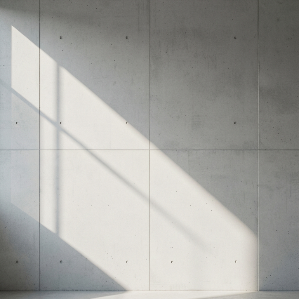 Abstraktes Schattenmuster auf einer hellen, glatten Betonwand, geometrische Linien aus indirektem Fensterlicht, symmetrische Komposition ohne Personen