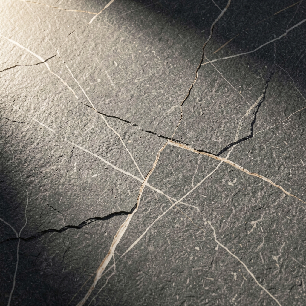 Nahaufnahme einer grauen, körnigen Steinoberfläche mit feinen Rissen und natürlichen Aderungen, beleuchtet mit dramatischem direktionalem Licht von links