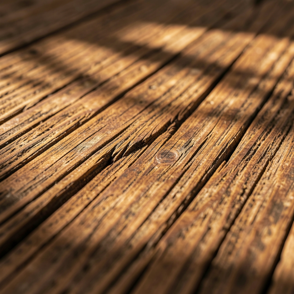 Makroaufnahme einer alten Holzoberfläche mit tiefen Maserungslinien, warmen Brauntönen und starken Schattenwürfen, keine Menschen, kein Text